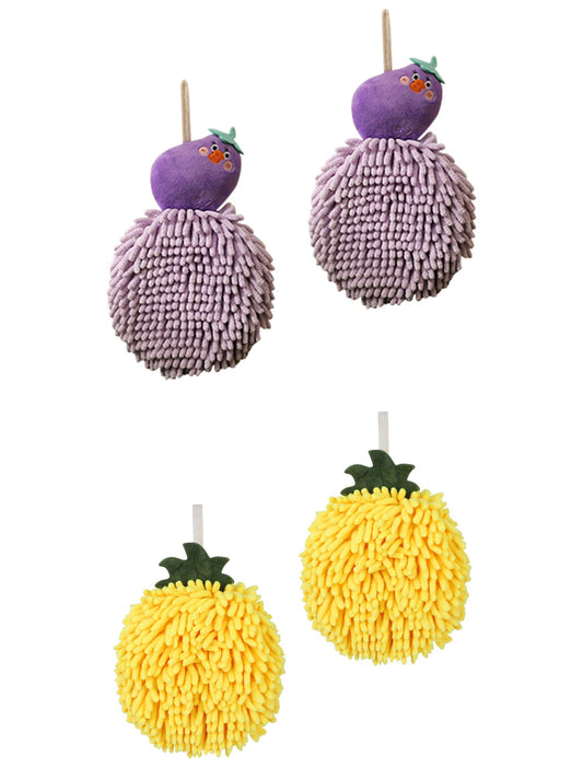 Unique Bargains 4 Pcs Soft Fluffy Ball Hand Towels Yellow/Purple 6" x 6"/7" x 9"