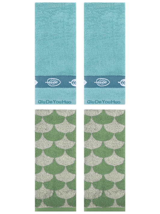 Unique Bargains 4 Pcs Soft Geometric and Leaves Hand Towel Set 13" x 29" Green/Lake Blue