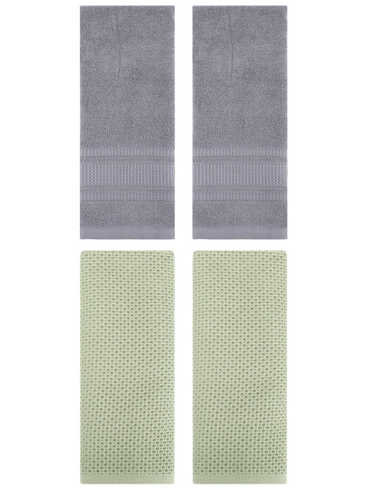 Unique Bargains 4 Pcs Soft Waffle Hand Towel Light Green/Grey 13" x 30"/13" x 29"