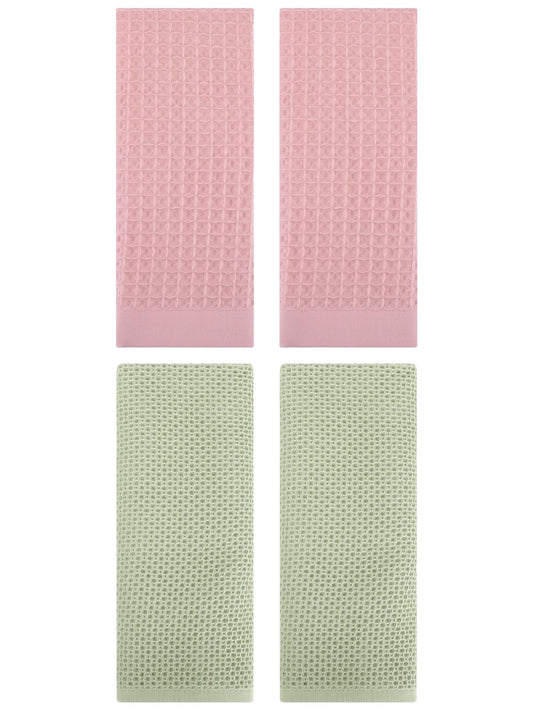 Unique Bargains 4 Pcs Soft Waffle Hand Towel Light Green/Pink 13" x 30"/14" x 30"