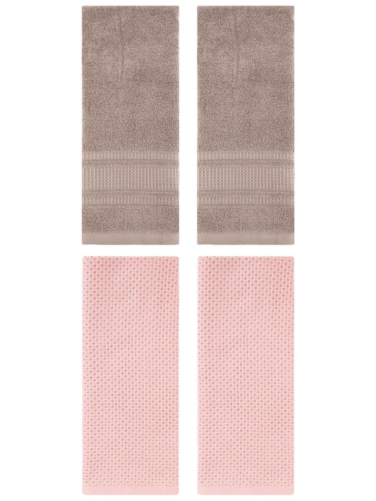 Unique Bargains 4 Pcs Soft Waffle Hand Towel Pink/Brown 13" x 30"/13" x 29"