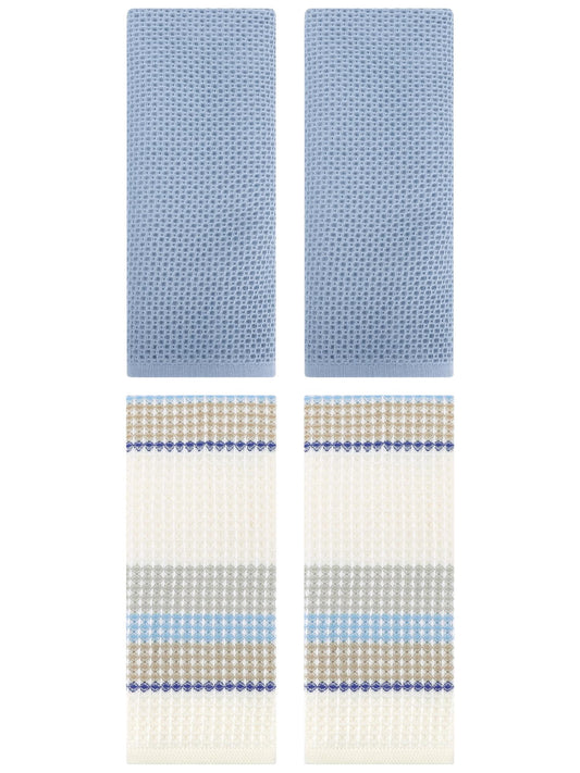 Unique Bargains 4 Pcs Soft Waffle Hand Towel Steel Blue/Beige Yellow 13" x 30"/13" x 29"