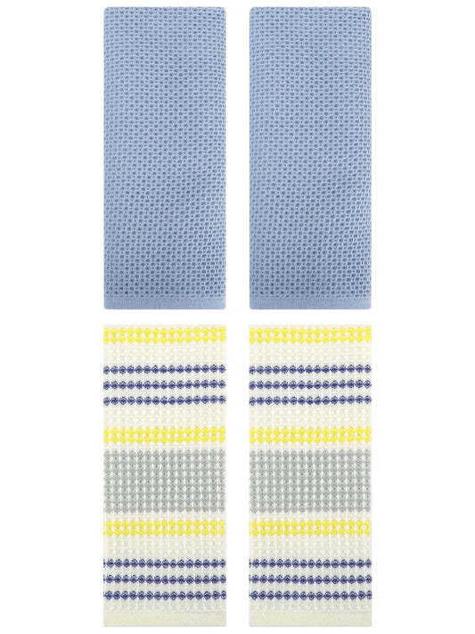 Unique Bargains 4 Pcs Soft Waffle Hand Towel Steel Blue/Blue Yellow 13" x 30"/13" x 29"
