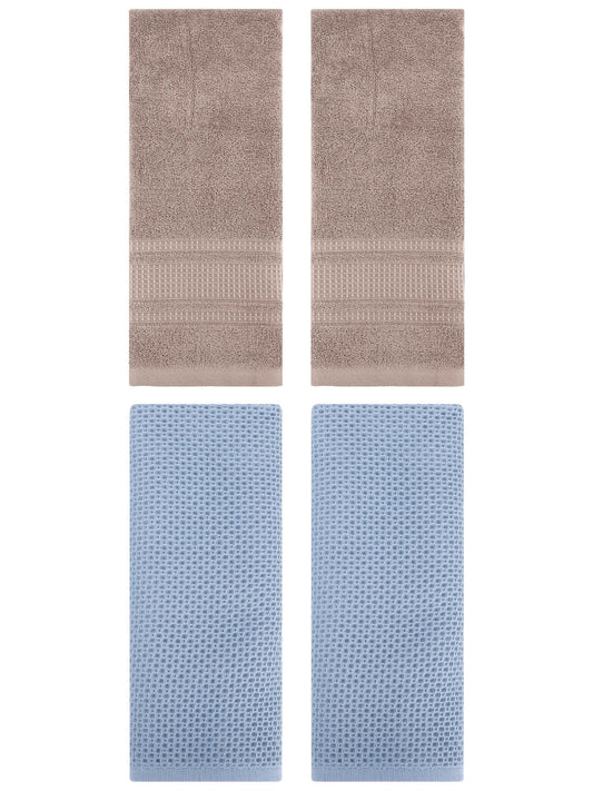 Unique Bargains 4 Pcs Soft Waffle Hand Towel Steel Blue/Brown 13" x 30"/13" x 29"