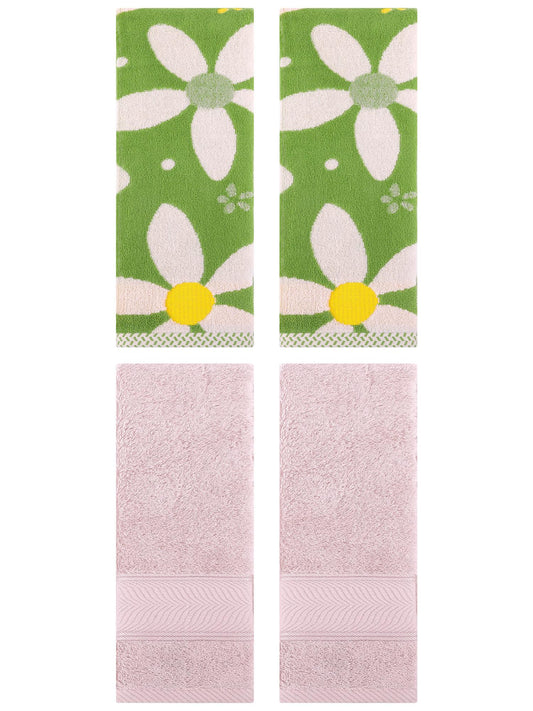 Unique Bargains 4 Pcs Sold Striped Cotton Hand Towels Light Pink/Green 14" x 30"/13" x 29"