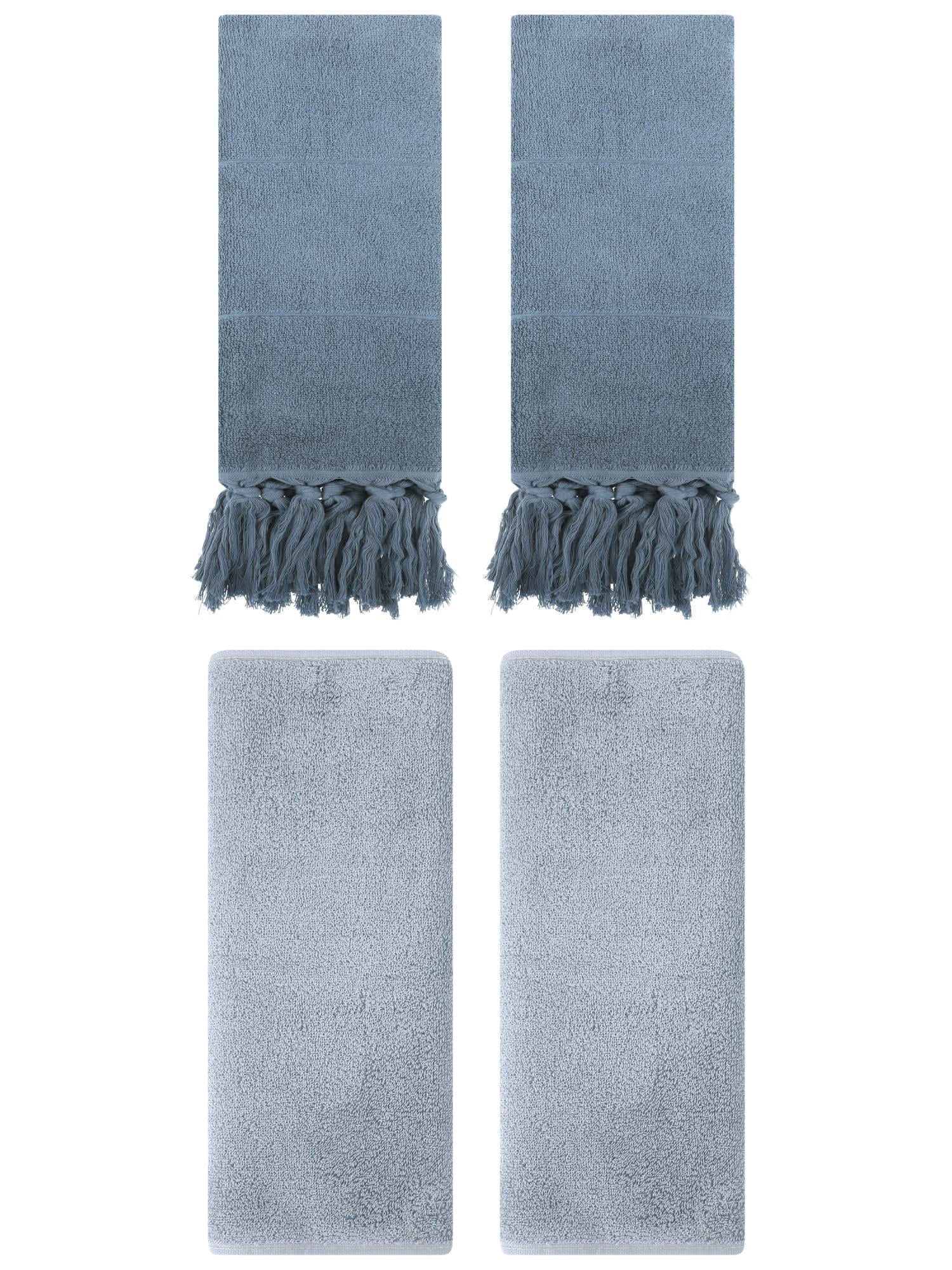 Unique Bargains 4 Pcs Solid Cotton Hand Towels Blue/Light Grey 14" x 30"/13" x 30"