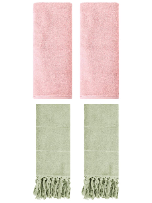 Unique Bargains 4 Pcs Solid Cotton Hand Towels Green/Pink 14" x 30"/13" x 30"