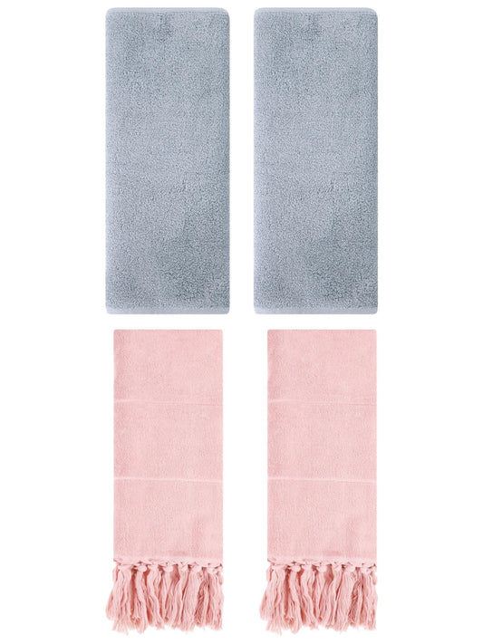Unique Bargains 4 Pcs Solid Cotton Hand Towels Pink/Light Grey 14" x 30"/13" x 30"