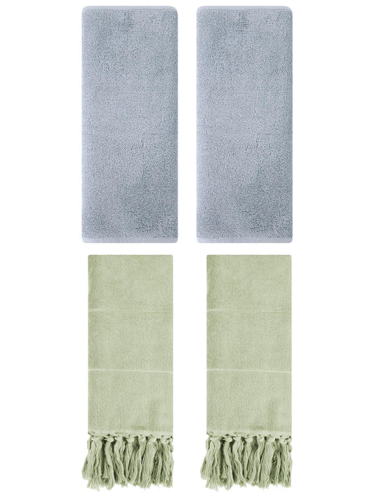Unique Bargains 4 Pcs Solid Soft Hand Towels Green/Light Grey 14" x 30"/13" x 30"