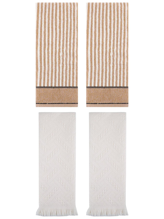 Unique Bargains 4 Pcs Striped Absorbent Cotton Hand Towels 13 x 29 Inch Brown/Beige