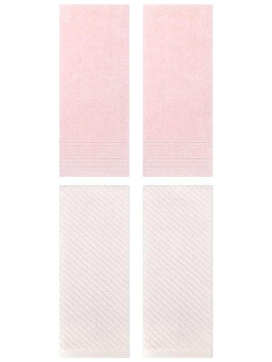 Unique Bargains 4 Pcs Striped Quick Drying Non-Linting Hand Towel 14" x 30" Pink/Beige