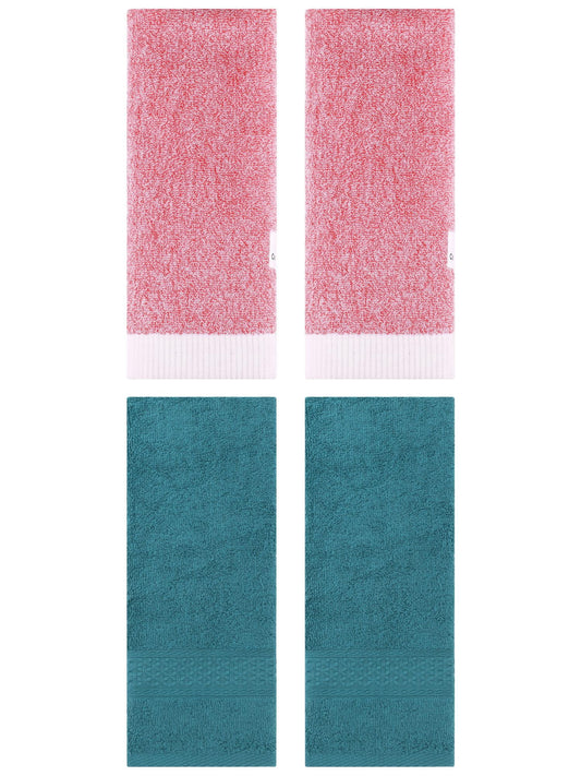 Unique Bargains 4 Pcs Textured Cotton Hand Towel Dark Green/Pink 13" x 30"/13" x 29"