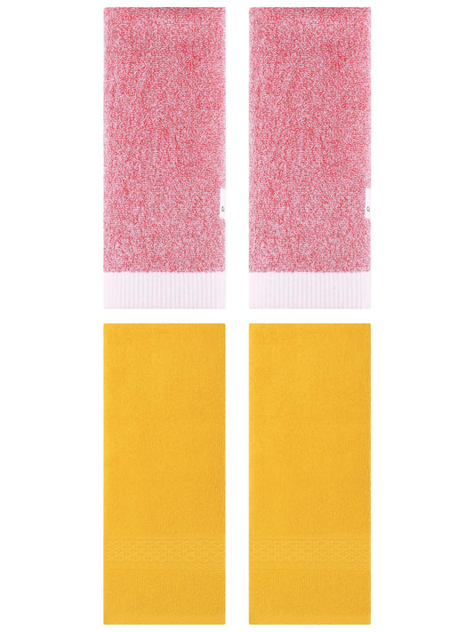 Unique Bargains 4 Pcs Textured Cotton Hand Towel Yellow/Pink 13" x 30"/13" x 29"