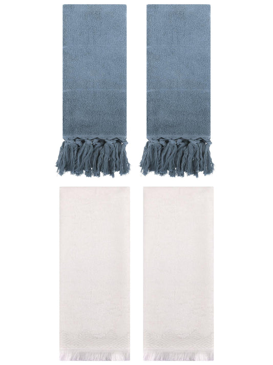 Unique Bargains 4 Pack Cotton Absorbent Soft Turkish Hand Towels with tassel for Bathroom Blue/Beige 14" x 30"/13" x 29"