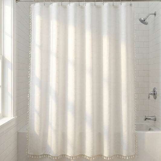 Unique Bargains Boho Plaid Blend Shower Curtain Sets with Hooks White 72"W x 72"L