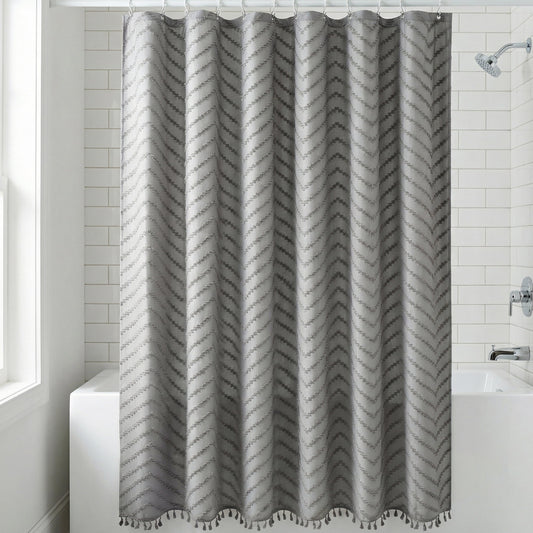 Unique Bargains Boho Wavy Striped Shower Curtain with Tassel and Hooks Grey 72"W x 72"L