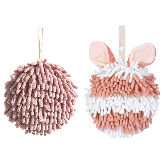 Unique Bargains Chenille Ball Fuzzy Hand Towel 2 Pcs Dark Pink/Pink 6" x 6"/7" x 7"