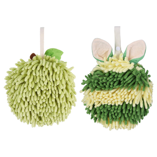 Unique Bargains Chenille Ball Fuzzy Hand Towel 2 Pcs Green 6" x 6"/7" x 7"