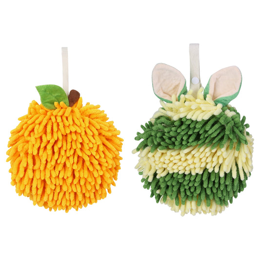 Unique Bargains Chenille Ball Fuzzy Hand Towel 2 Pcs Orange/Green 6" x 6"/7" x 7"