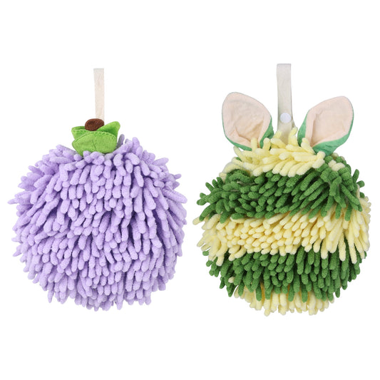 Unique Bargains Chenille Ball Fuzzy Hand Towel 2 Pcs Purple/Green 6" x 6"/7" x 7"