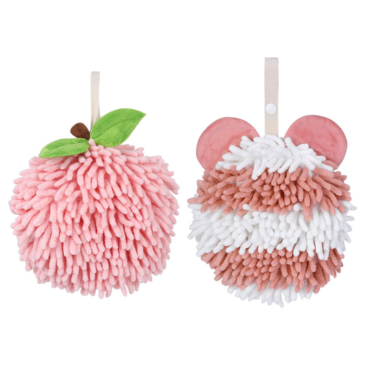 Unique Bargains Chenille Ball Hand Towel 2 Pcs Pink 6" x 6"/7" x 7"