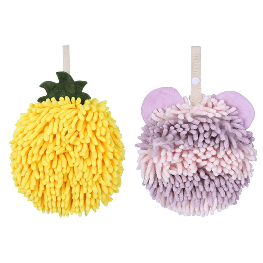 Unique Bargains Chenille Ball Hand Towel 2 Pcs Yellow/Purple 6" x 6"/7" x 7"