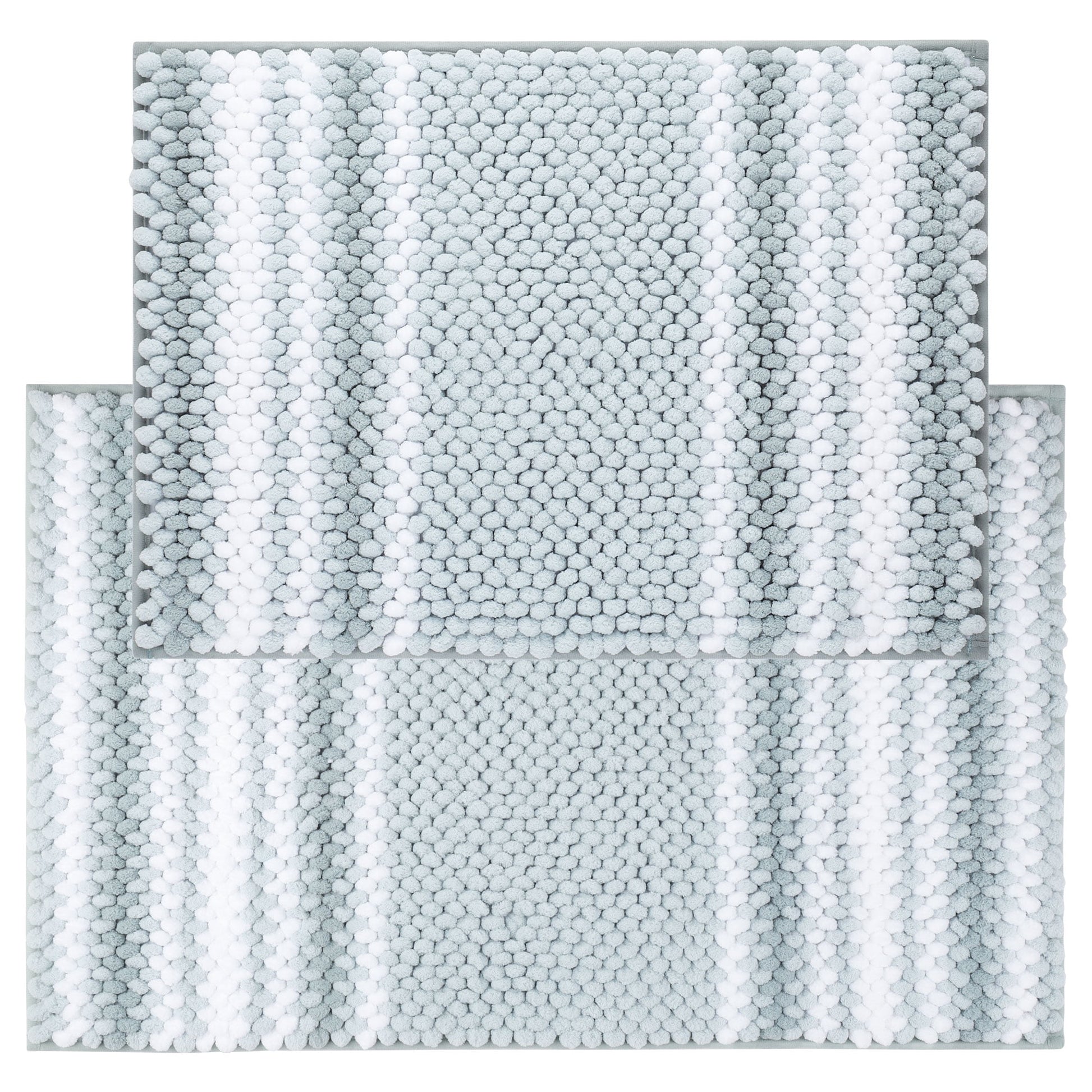 Unique Bargains Chenille Bathroom Rug Set of 2 Soft Fluffy Striped Bath Mat Light Cyan 17x24" & 20x32"