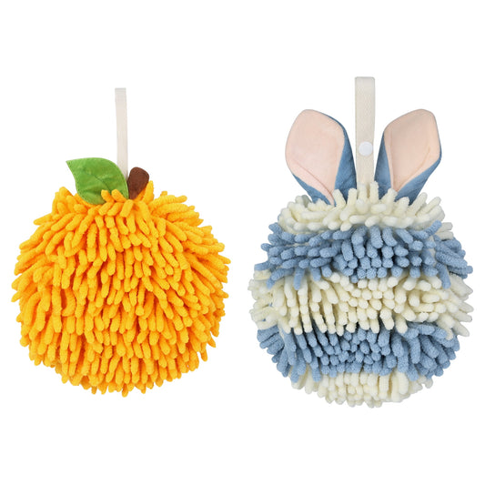 Unique Bargains Chenille Soft Ball Fuzzy Hand Towel 2 Pcs Orange/Blue 6" x 6"/7" x 7"