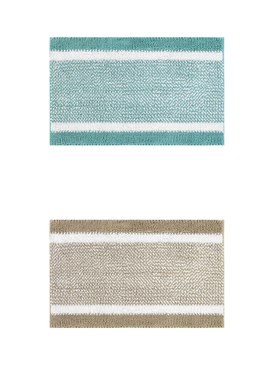 Unique Bargains Chenille Striped Bath Mats 2 Pcs Non-Slip Soft Plush Shaggy Bathroom Rugs  Green/Khaki 20" x 32"