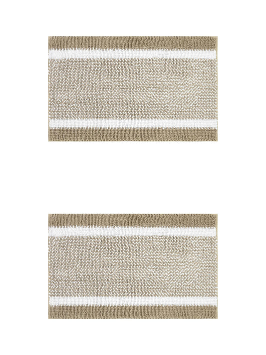 Unique Bargains Chenille Striped Bath Mats 2 Pcs Non-Slip Soft Plush Shaggy Bathroom Rugs  Khaki 20" x 32"