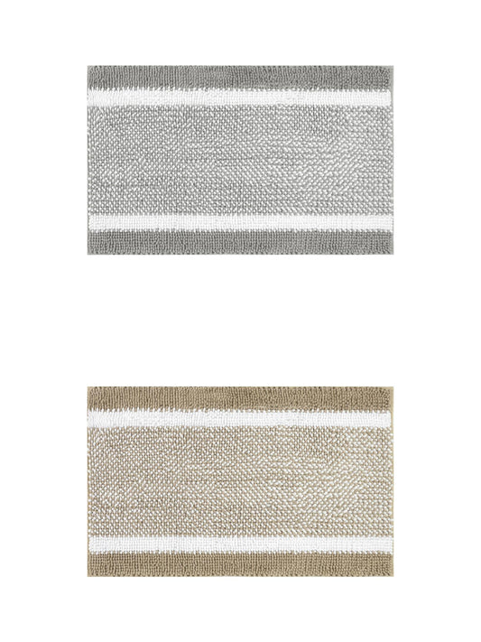 Unique Bargains Chenille Striped Bath Mats 2 Pcs Non-Slip Soft Plush Shaggy Bathroom Rugs  Khaki/Grey 20" x 32"