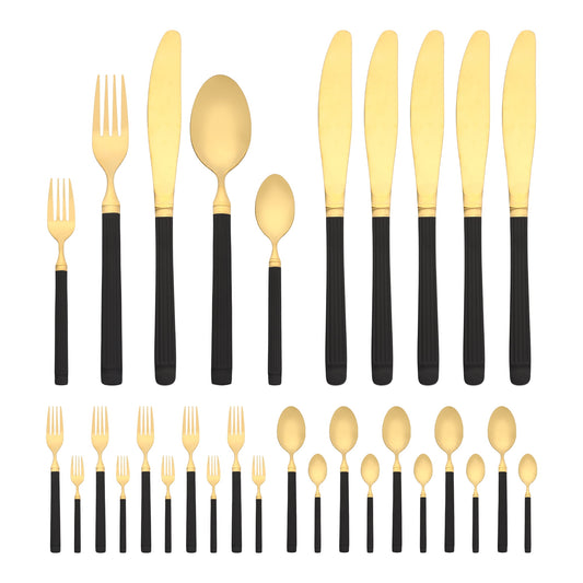 Unique Bargains Classic Mirror Polished Stainless Steel Flatware Set Black Gold 30pcs