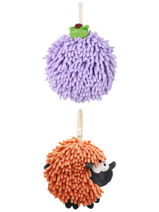Unique Bargains Cute Chenille Ball Hand Towel 2 Pcs Purple/Orange 6" x 6"/7" x 7"