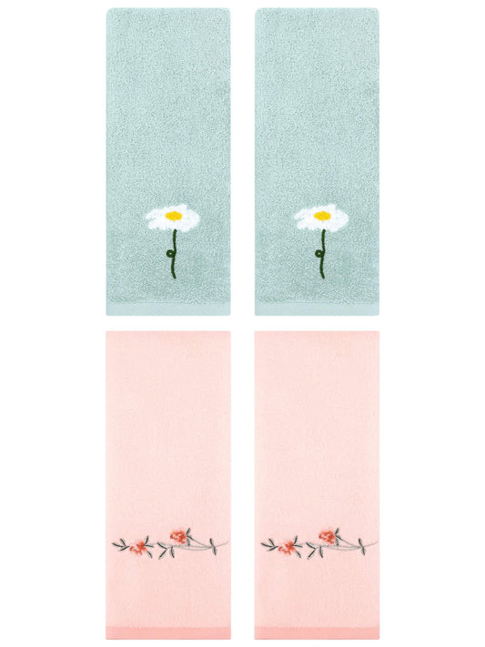Unique Bargains Floral Cotton Hand Towel 4 Pcs Blue/Pink 13" x 30"/15" x 30"
