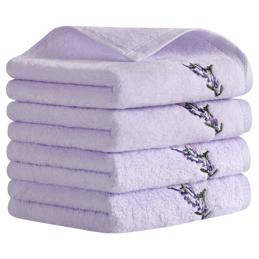 Unique Bargains Floral Embroidered Cotton Hand Towels Home Decor Purple 4-Pieces