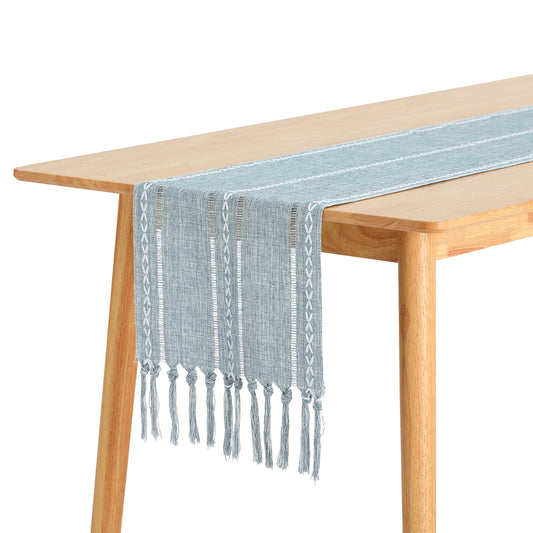 Unique Bargains Fringe Table Runner Hollow Out Table Flags for Daily Decoration Grey Blue 13"x72"