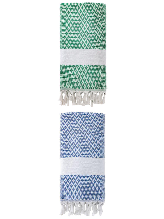 Unique Bargains Geometric Sandproof Turkish Towel 2 Pack Blue/Dark Green 71"x40"