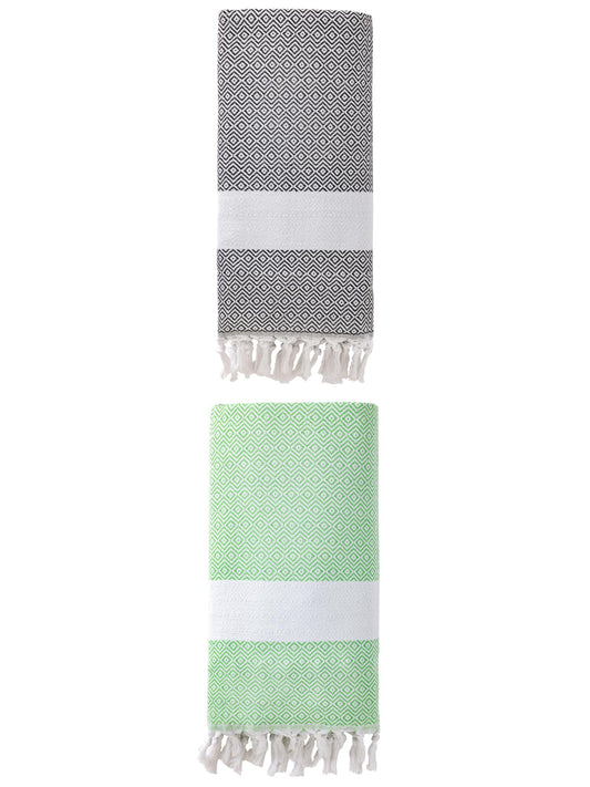 Unique Bargains Geometric Sandproof Turkish Towel 2 Pack Green/Dark Grey 71"x40"