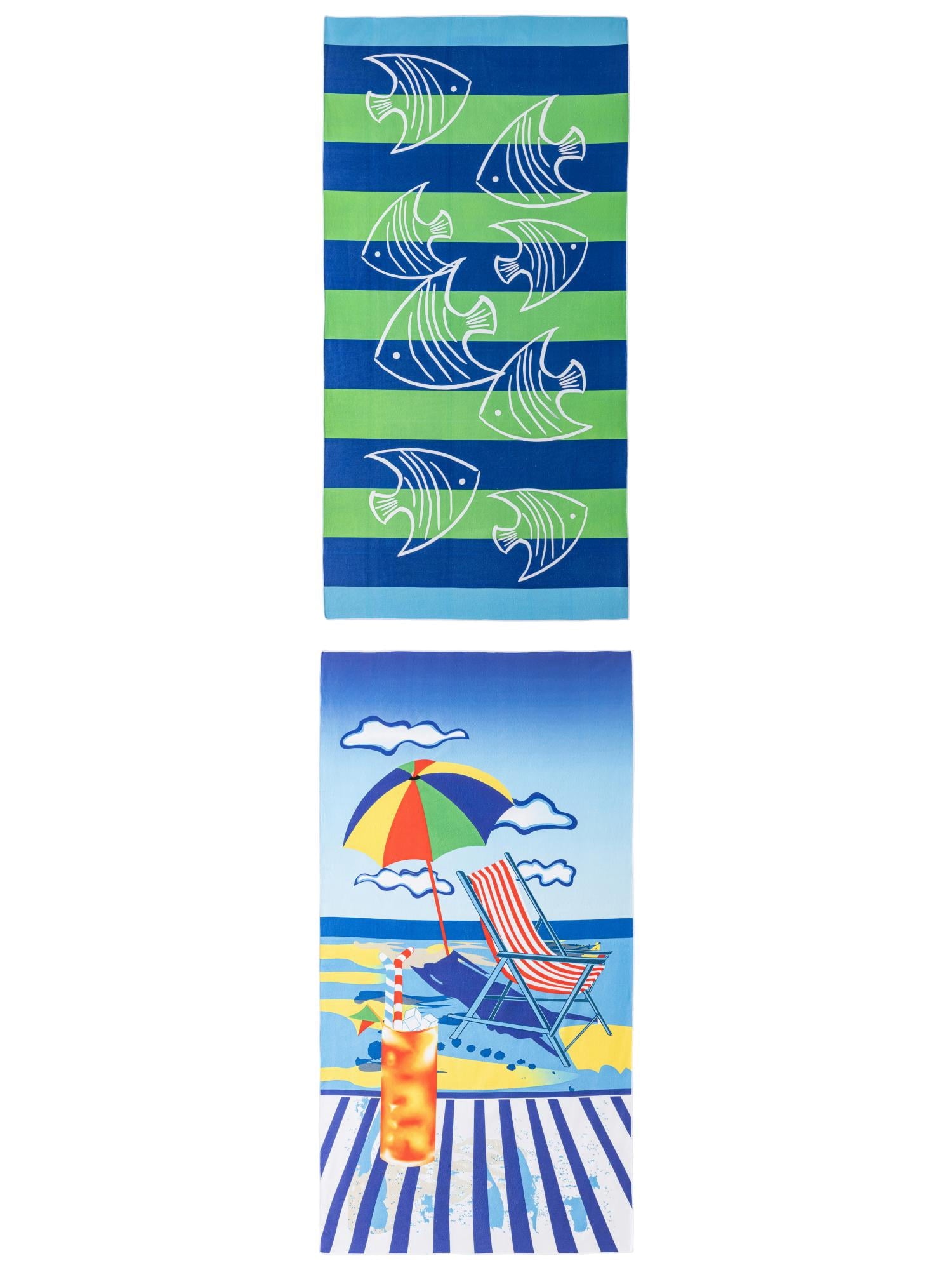 Unique Bargains Soft Absorbent Beach Towel 2 Pack Blue Green/Multi-Color 71"x35"