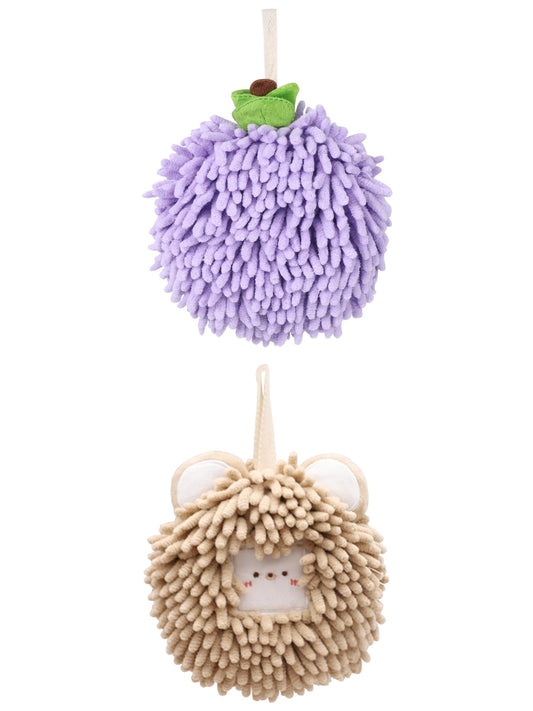 Unique Bargains Soft Chenille Ball Hand Towels 2 Pcs Purple/Brown 6" x 6"/7" x 7"