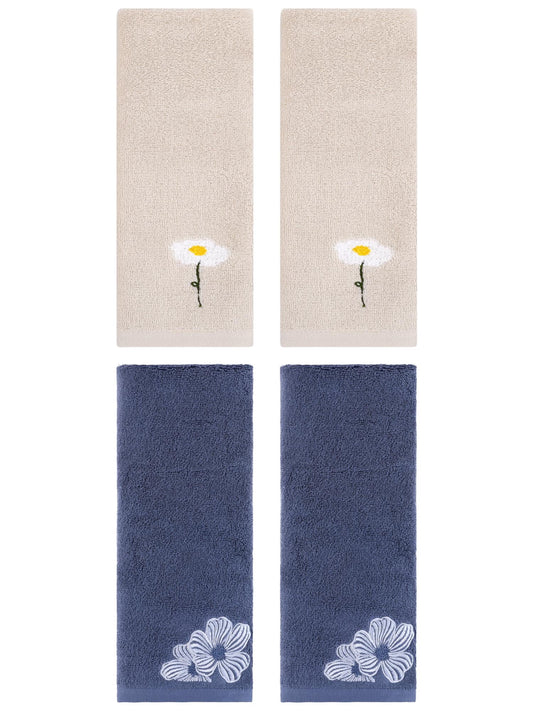 Unique Bargains Soft Floral Pattern Hand Towel Light Brown/Navy Blue 13" x 30"/14" x 31"