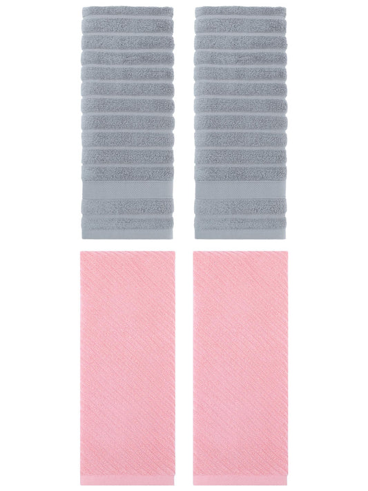 Unique Bargains Soft Striped Hand Towel 14" x 30" 4 Pcs Grey/Pink