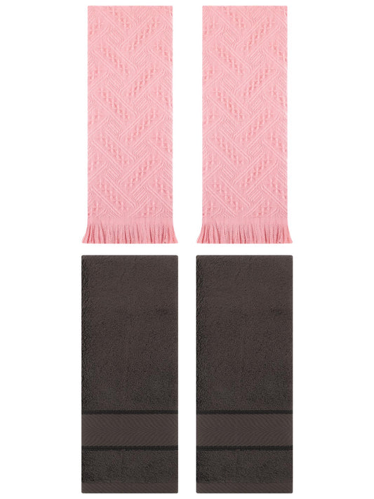 Unique Bargains Sold Striped Cotton Hand Towels 4 Pcs Dark Brown/Pink 14" x 30"/13" x 29"