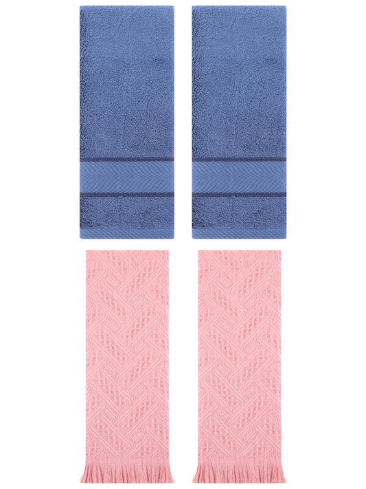 Unique Bargains Sold Striped Cotton Hand Towels 4 Pcs Light Blue/Pink 14" x 30"/13" x 29"