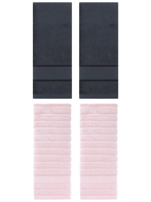 Unique Bargains Striped Cotton Hand Towel 14" x 30" 4 Pcs Pink/Dark Grey