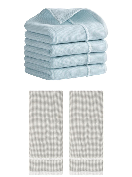 Unique Bargains Striped Decorative Hand Towel Set Cotton Face Towels Khaki/Blue 6 Pack