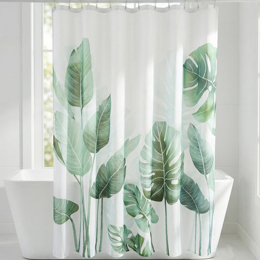 Unique Bargains Waterproof Leaf Shower Curtain Sets Hooks Green Pattern 1 71"W x 71"L