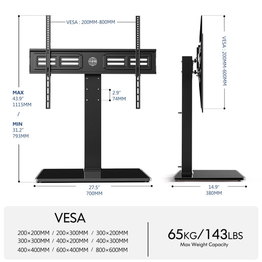 Universal Table Top TV Stand for 50-85 Inch TVs, Height Adjustable and Swivel with Tempered Glass Base Hold up to 110 lbs,Black
