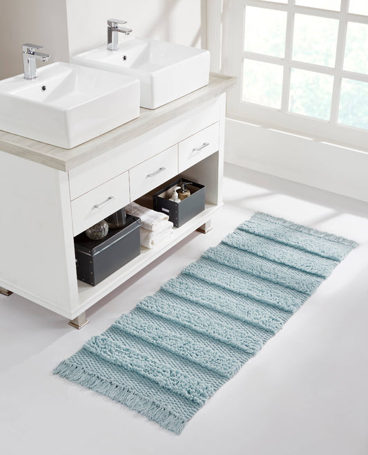 VCNY Home Savannah Fringe Blue Stripe Cotton Blend Bath Runner Rug, 24" x 60"