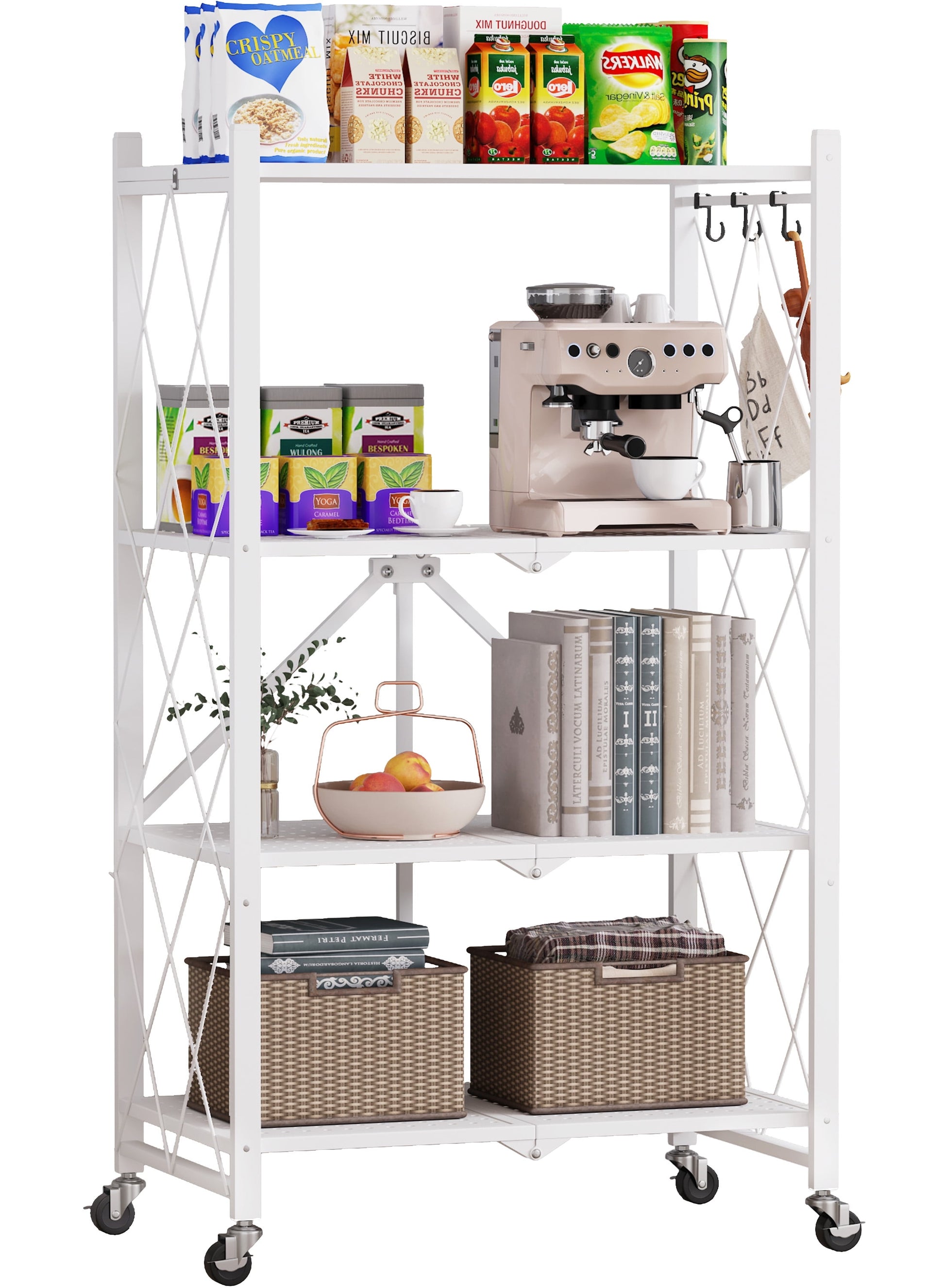 Vebreda 4-Tier Folding Storage Shelves Metal Folding Shelves with Wheels, 600Lbs Capacity, White
